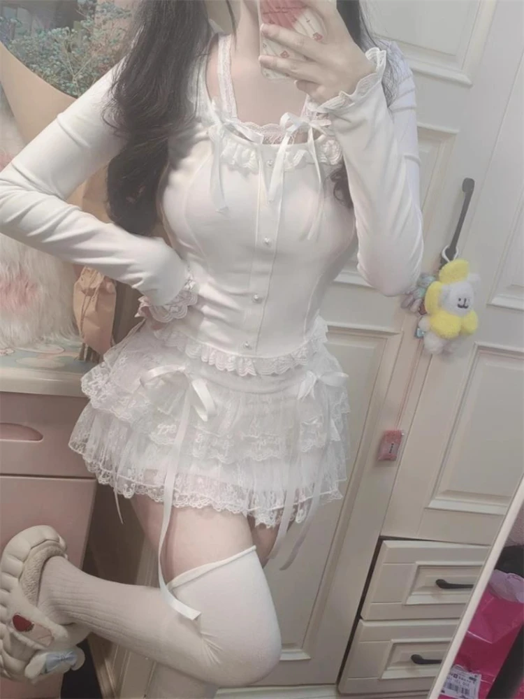 Deeptown Sweet Kawaii Skirts Women Lolita Coquette Lace Bow Patchwork Mini Skirt White High Waist Cute Summer A-line Short Skirt
