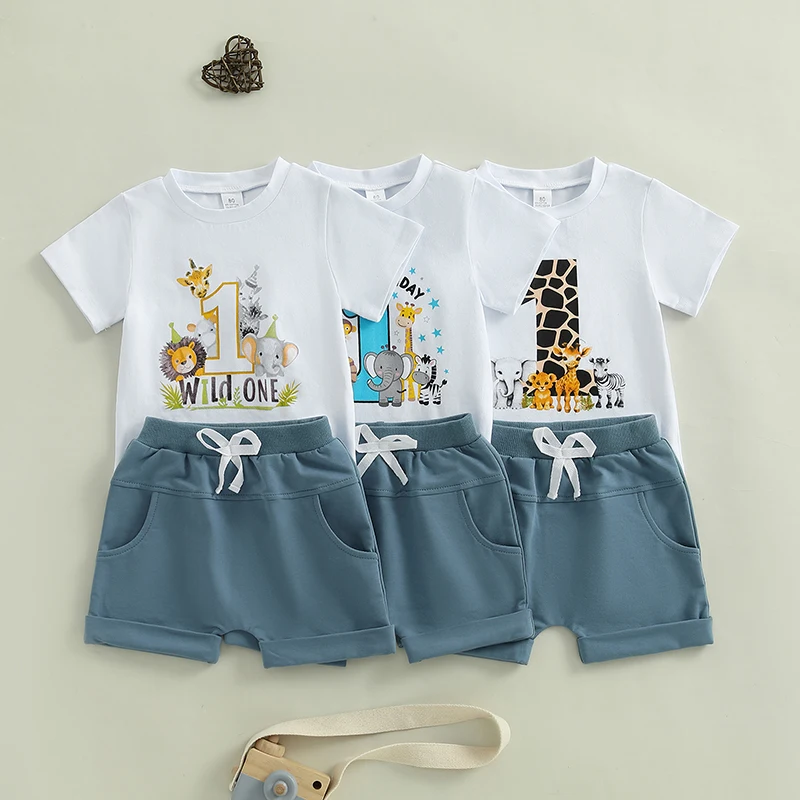 

First Birthday Outfits Baby Boy Summer One Birthday Clothes Toddler Boys Number Pattern Animal T-shirt Rolled Shorts