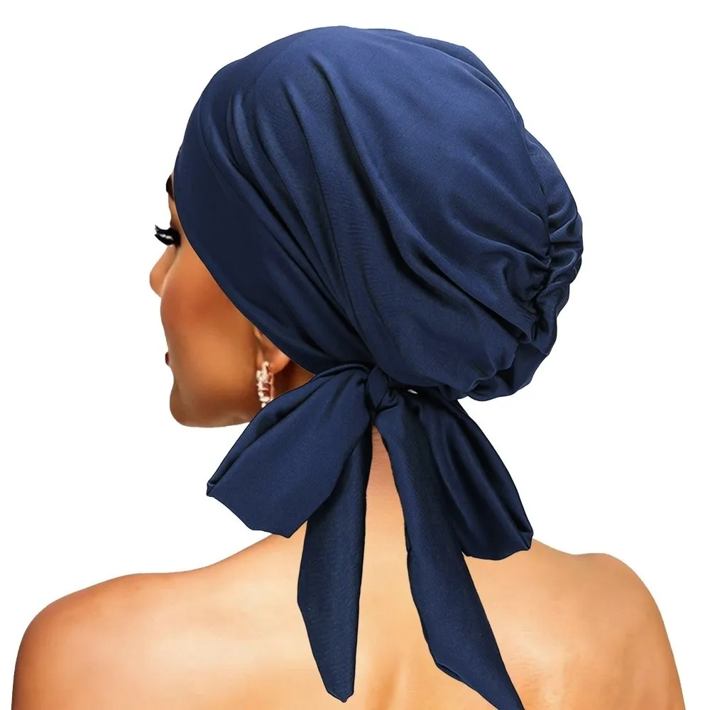 

New Solid Color Breathable Base Cap Comfortable Long Tail Headscarf Hat Breathable Elastic Hijab Cap for Muslim Women