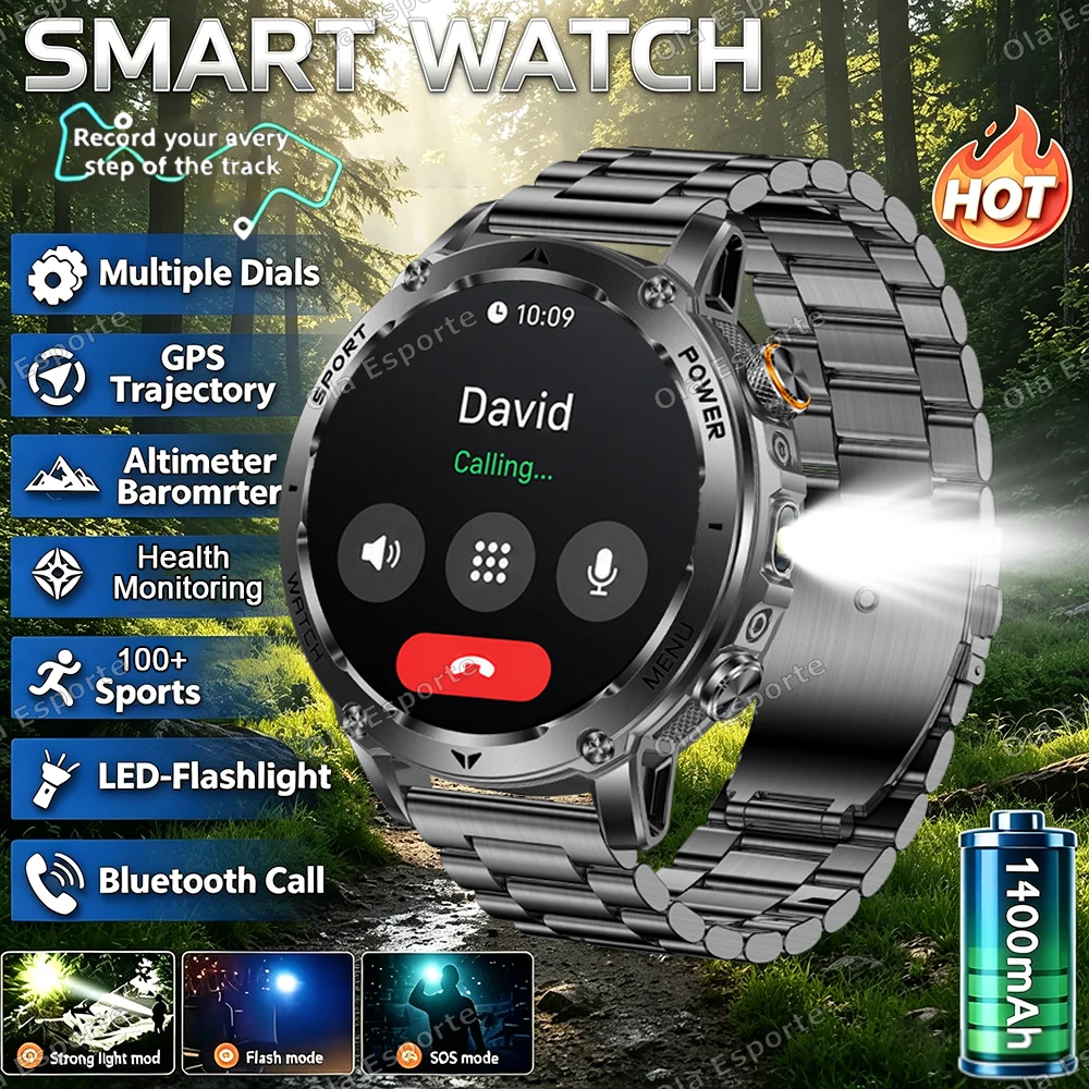 Neue Militär-Smartwatch mit 1400 mAh Akku, Outdoor-Taschenlampe für Herren, IPX8 wasserdicht, 100+ Sportarten, Bluetooth-Anruf, Fitnessband Ht30
