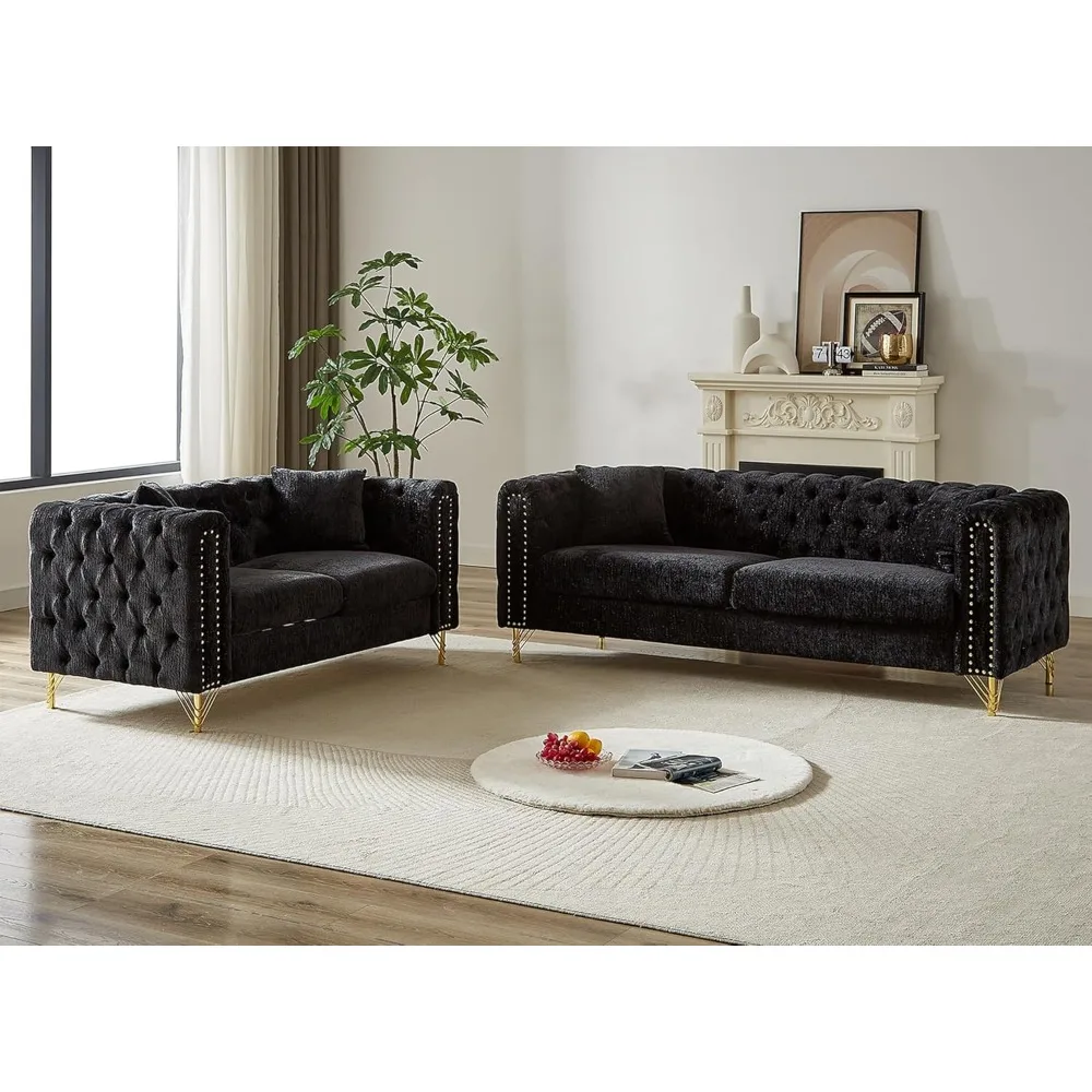 2 Pieces Chenille Living Room Furniture Sofa Couch Set,Button Tufted Comfy Couch with Nailhead Trim&Metal Legs