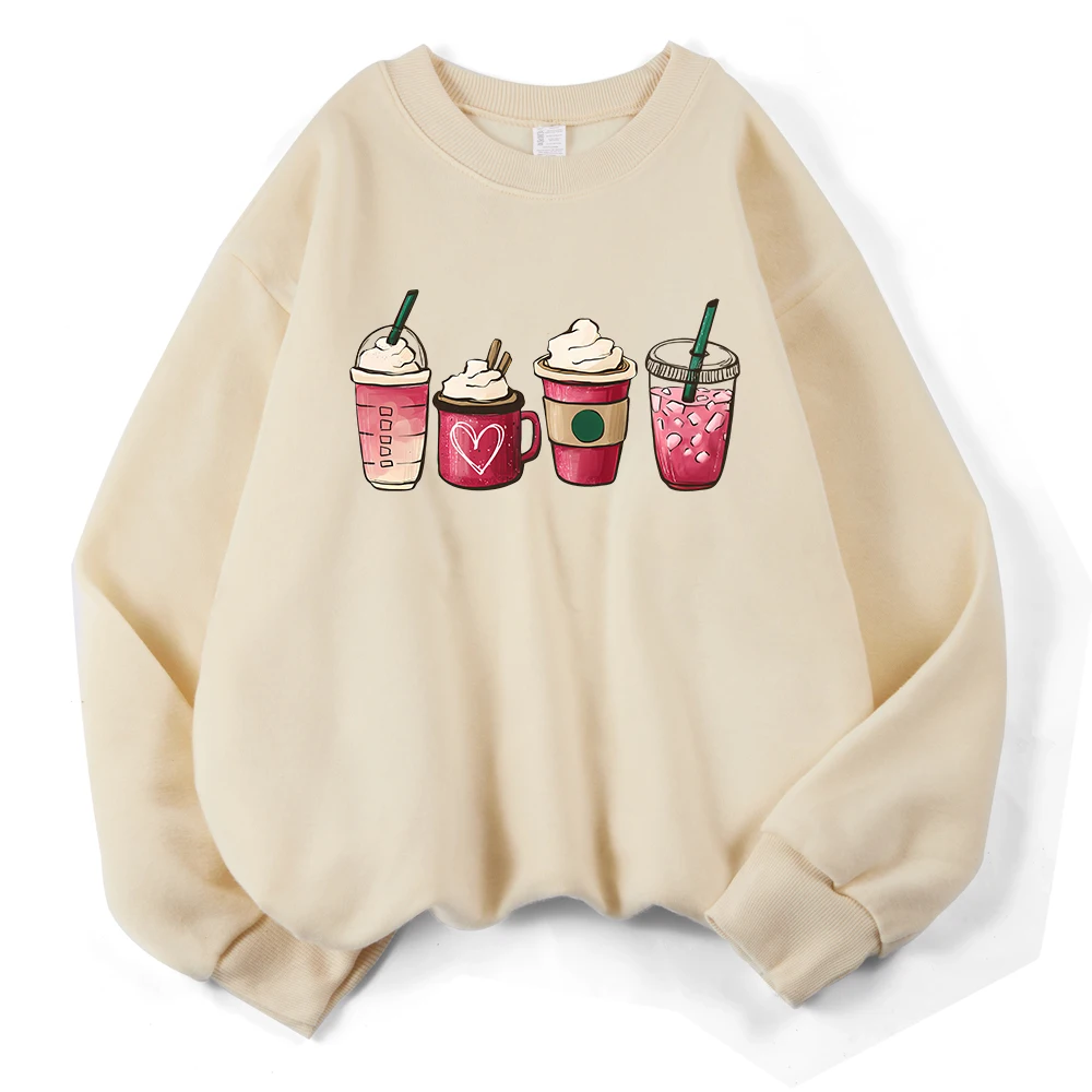 Stampa di bevande al gelato Felpe Girocollo da donna Nozioni di base Felpe con cappuccio in pile Abiti larghi caldi Inverno Comodo streetwear da donna