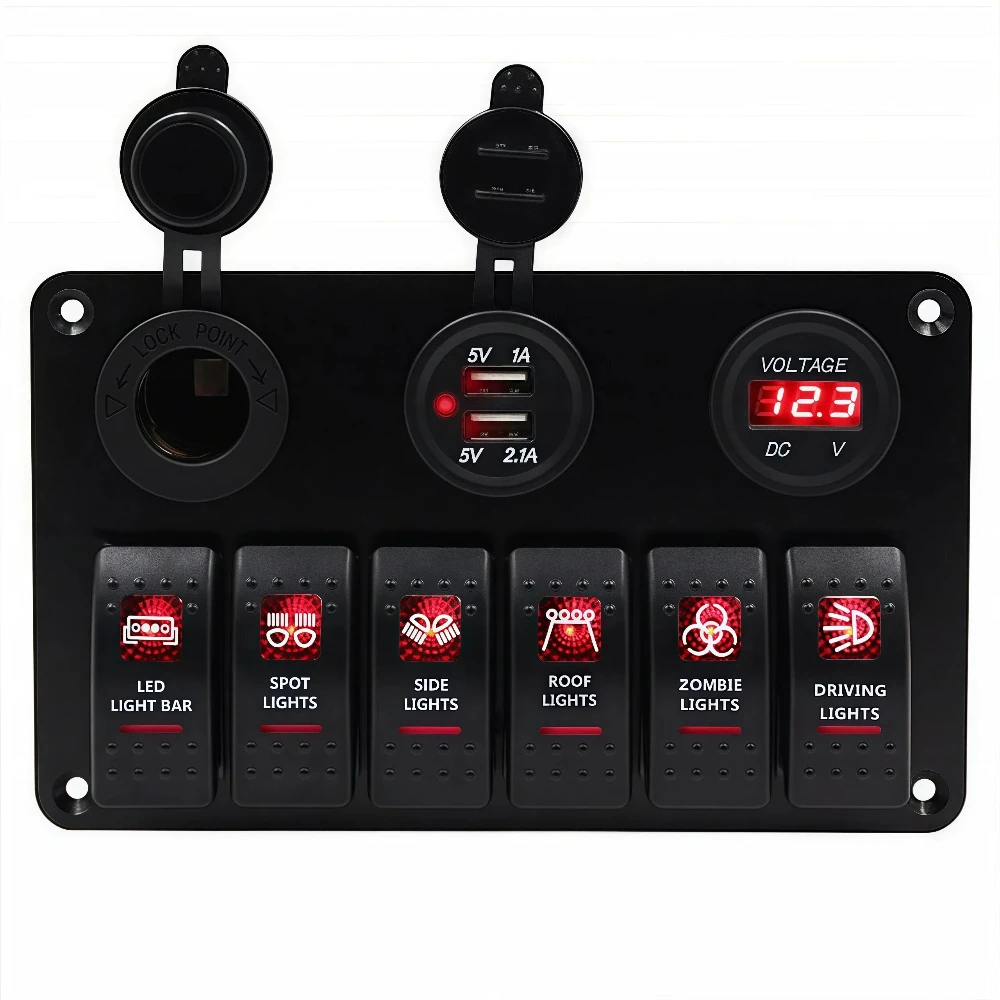 

6-Position Combination Panel Waterproof 12V Rocker Switch Panel With LED Lighting USB Cigarette Lighter Socket And Voltmeter