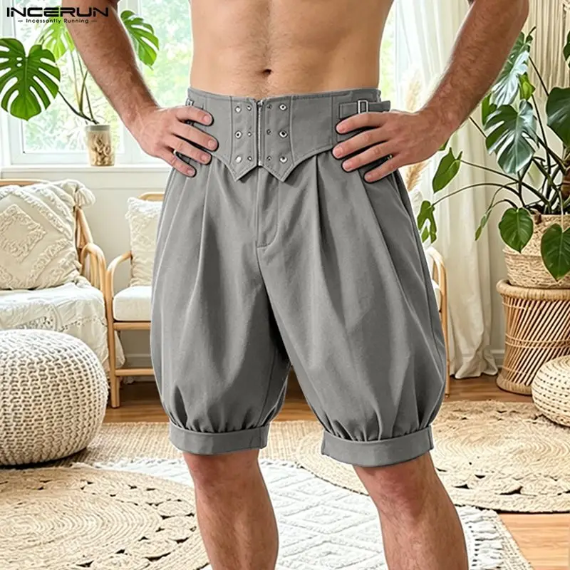 

INCERUN Men's Shorts Solid Color High Waist Joggers Zipper Men Bottoms Summer Streetwear Loose 2026 Fashion Shorts For Man S-3XL