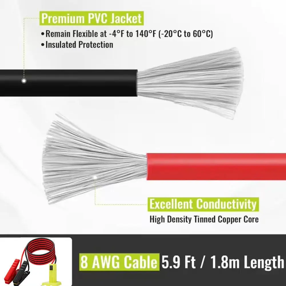 Jumper Cables Adapter For Ryobi 18V Battery, 12AWG 5.9FT Portable Battery Jump Starter Automotive Booster Cables Power