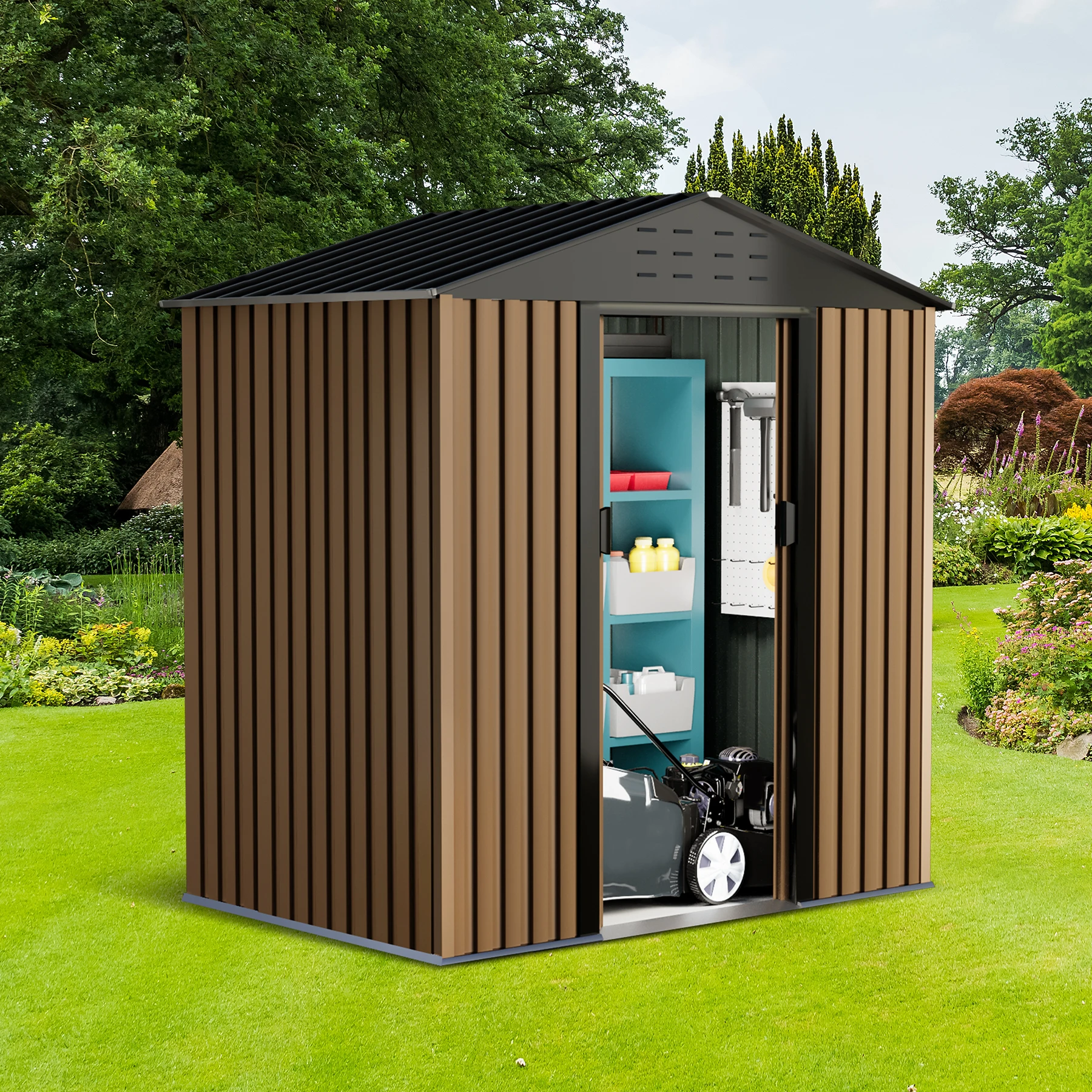 Metal Outdoor Garden Shed 6FT x 4FT, Metal Utility Tool Storage Shed with Door & Lock, Waterproof Roofs, for Backyard Garden