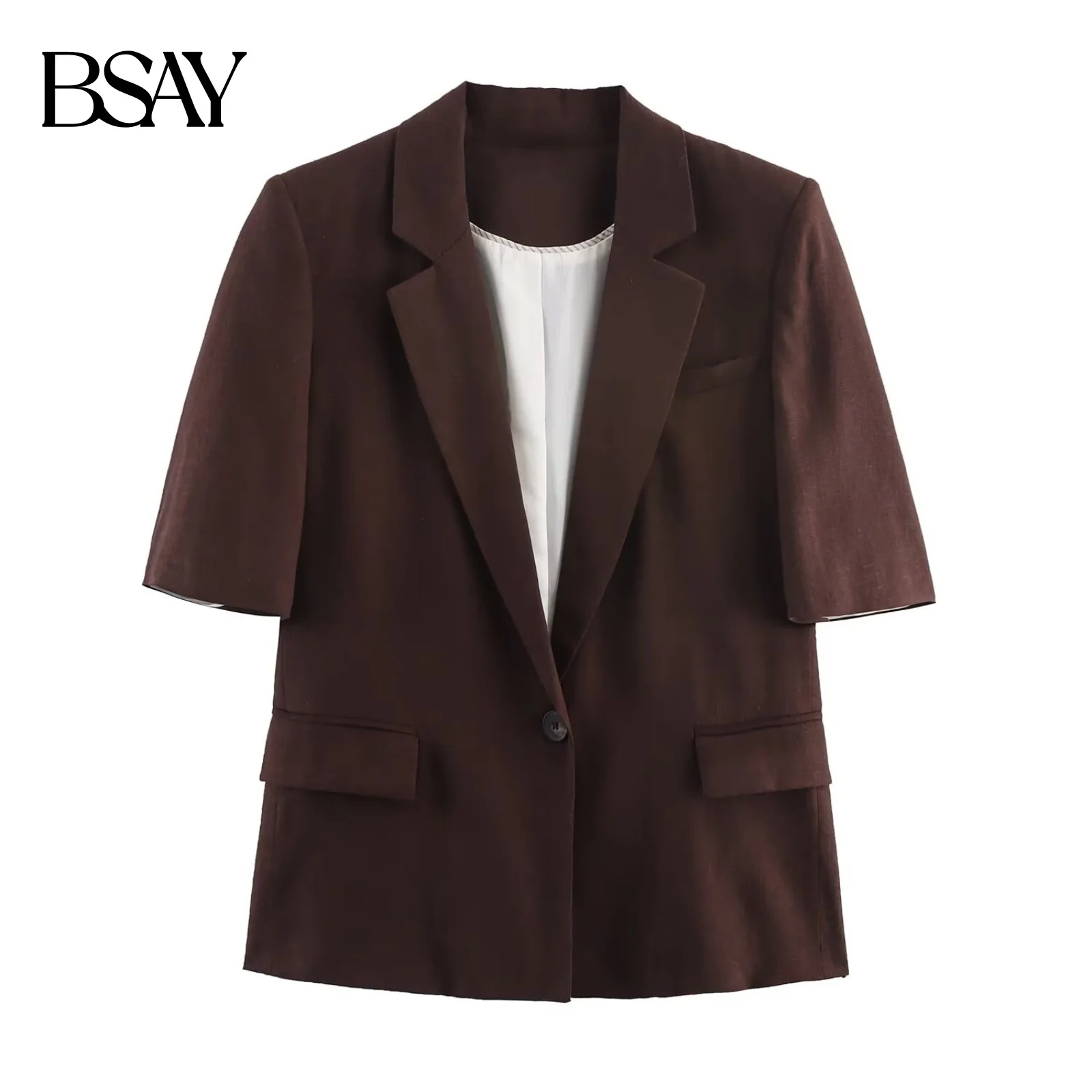 

BSAY, осенний новый продукт, 2025 г., женский костюм с закрытым карманом на одной пуговице и подплечниками, смешанный костюм с короткими рукавами, пальто