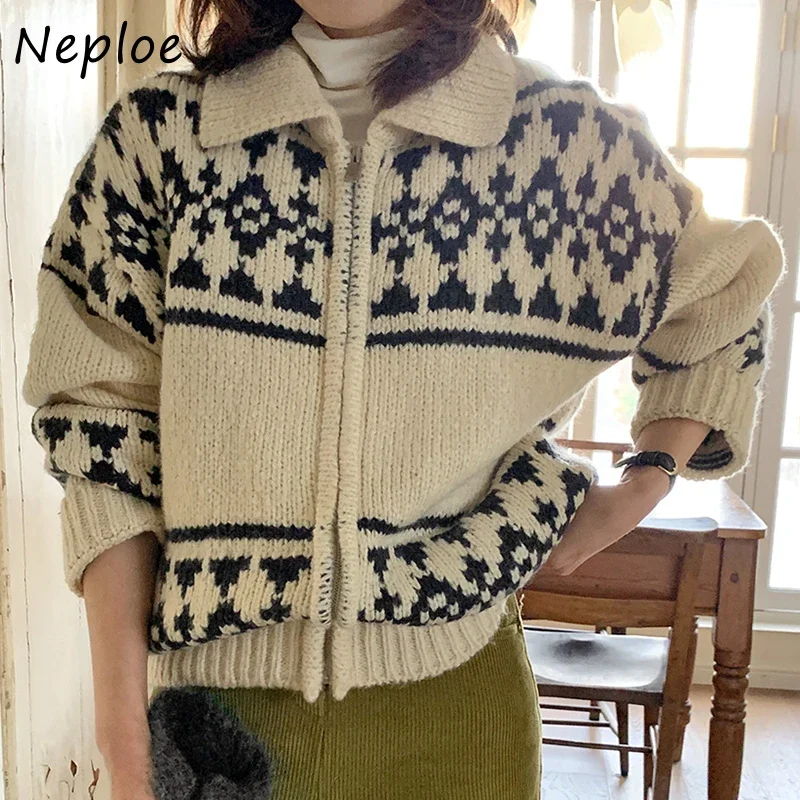 Neploe 2024 Autumn Vintage Niche Lapel Contrasting Jacquard Zipper Sweater Coats Loose Casual Long Sleeve Knitted Cardigan