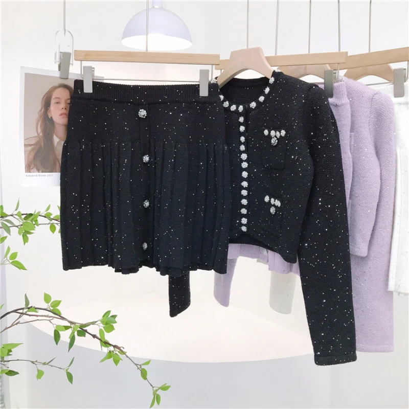 Autumn New In Embellished Cropped Knit Pink Cardigan with Sequin Pleated A-Line High Waist Mini Skirt Set Short Jacket