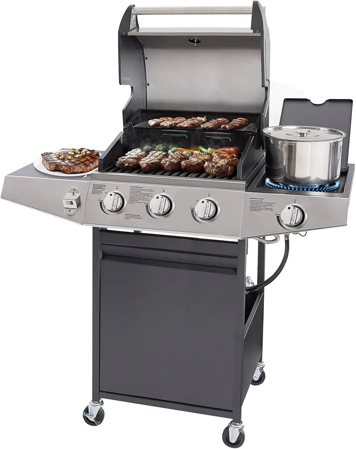 

3-Burner Propane Gas Grill with Side Burner, Portable BBQ Grills with Oil Tray and Built-in Thermometer for Outdoor Barbecue, Ca