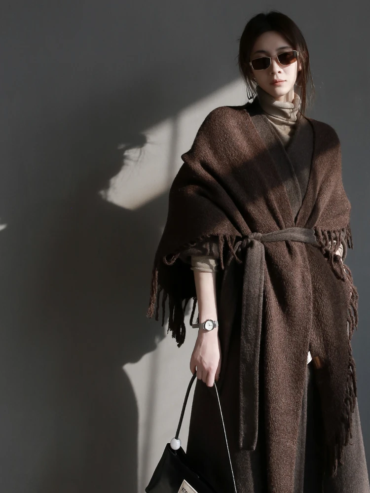 

Двустороннее шерстяное длинное пальто Warmo2025 для женщин с шарфом-кисточками, в корейском стиле, для повседневной носки, утепленное, новинка зимы