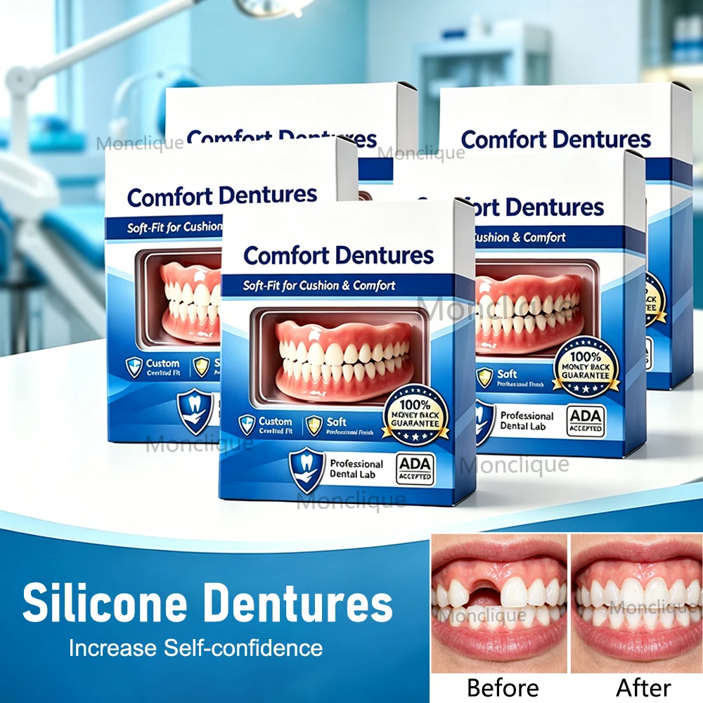 1/10 pièces, ensemble complet de prothèses dentaires supérieures et inférieures en silicone, confortables et réalistes, prothèses dentaires détachables à faire soi-même, pour un sourire confiant.