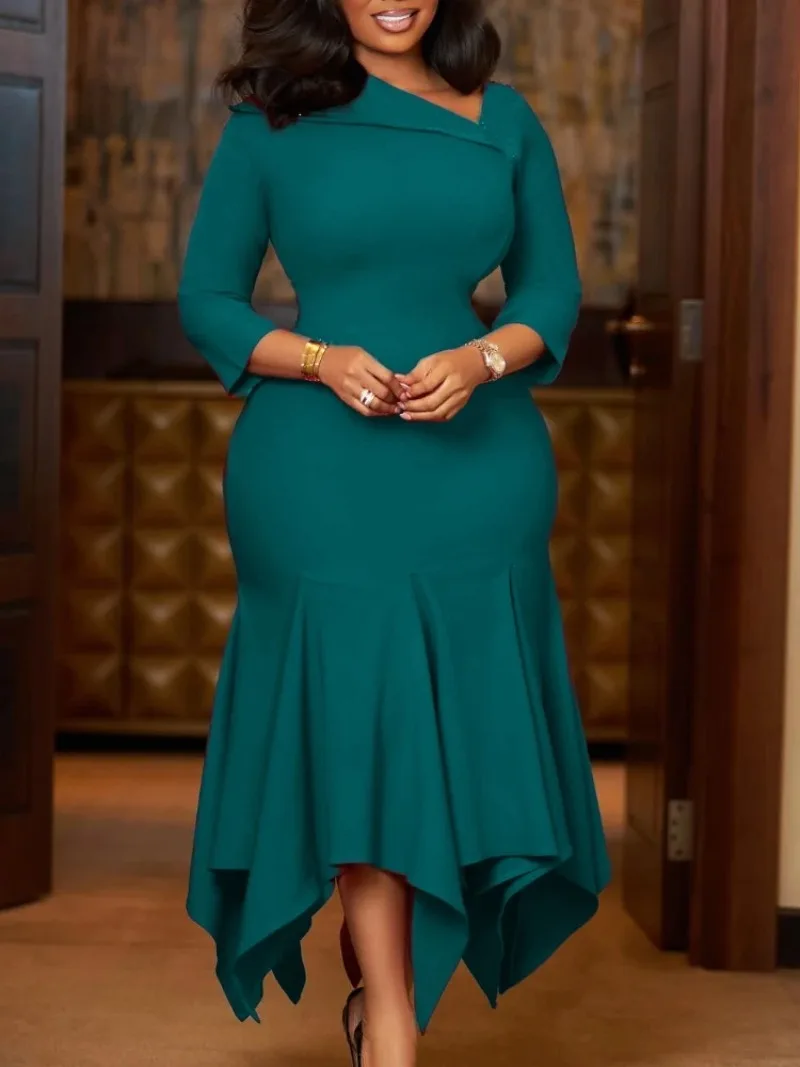 

Women Elegant Mermaid Dress 3/4 Sleeves Skew Collar Ruffles Office Ladies Business Church Party Bodycon Autumn 2026 New African