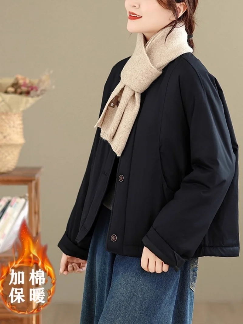 

Women's 2025 Winter Quilted Short Jacket, Retro Artistic Swing Coat with Drawstring, Warm Round Neck Cotton Top for Daily Wear w