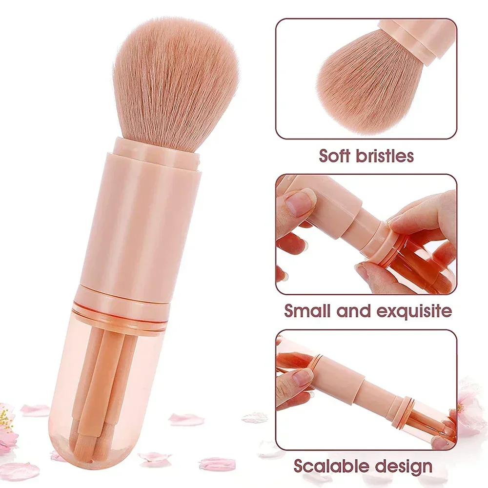 Juego de brochas de maquillaje de viaje 4 en 1, brocha Kabuki retráctil y 3 brochas pequeñas para ojos con cerdas suaves, pequeña y portátil para retocar