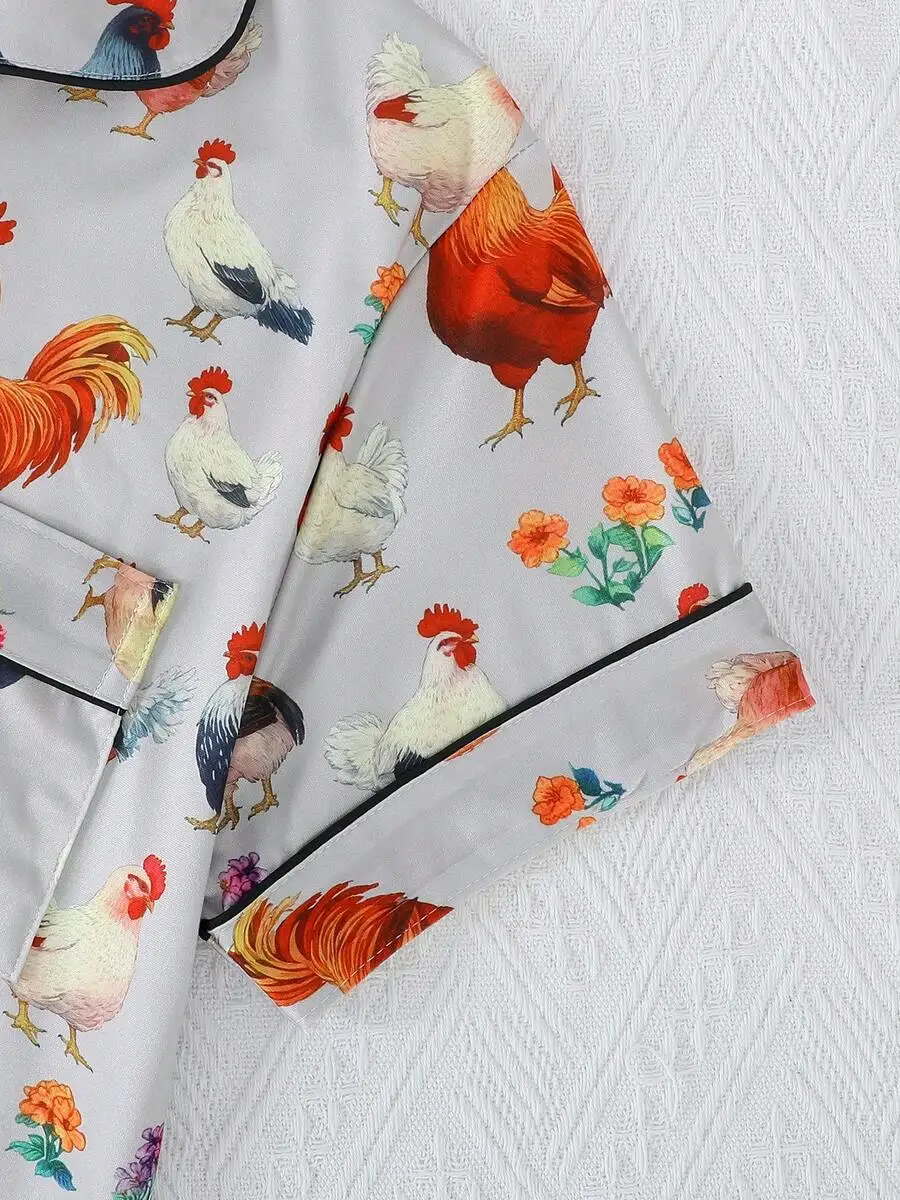 

Women Summer Breathable Short Sleeve Pajama Set Cartoon Chicken Pattern Loose Fit Sleepwear