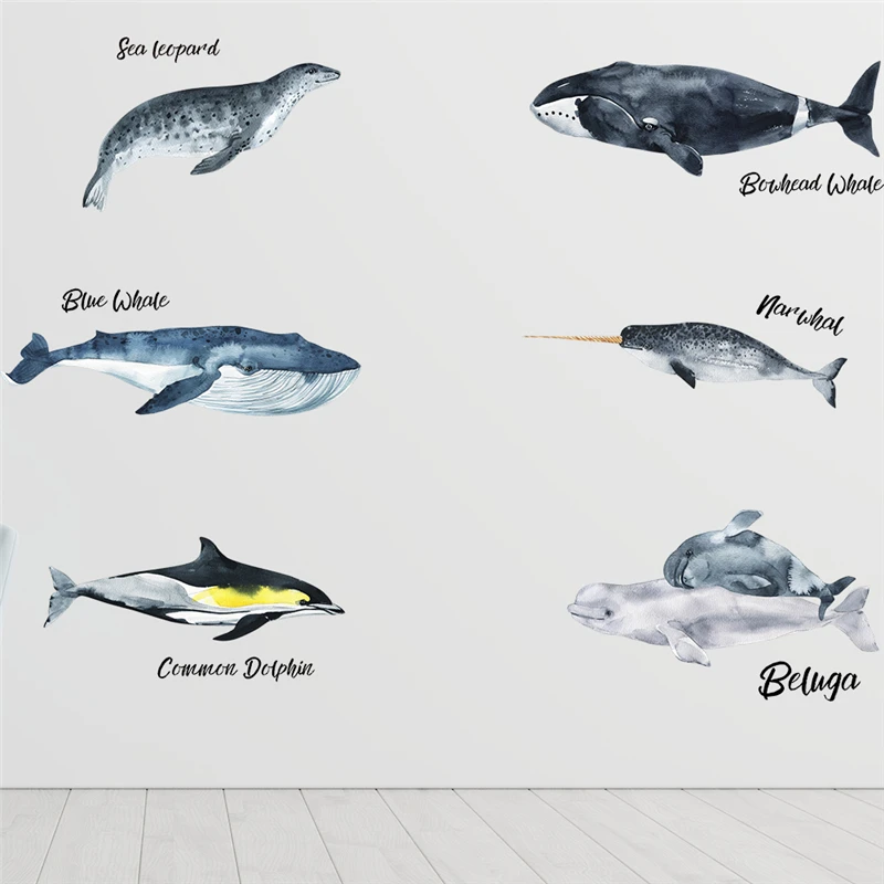 Dolphin Whale Narwhal Beluga Pattern Wall Stickers For Shop Studio Office Home Decoration Ocean Fish Mural Art Pvc Decals Poster