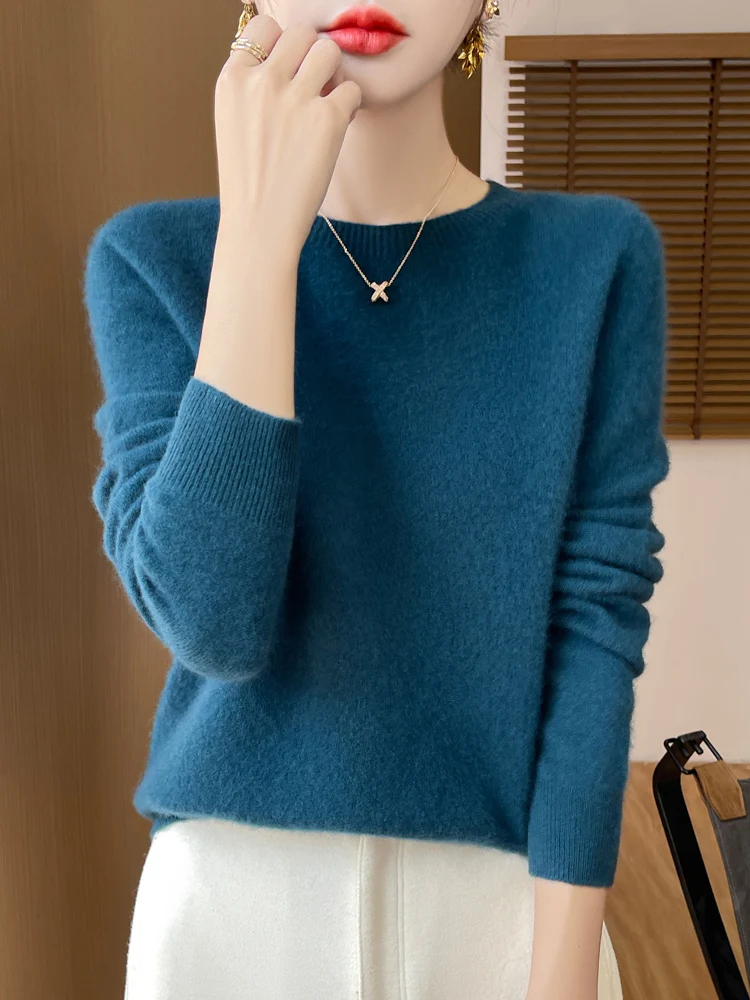 ANGEL Women 100% Merino Wool Cashmere Sweater O-Neck Pullover Autumn Winter New Knitted Casual Tops Long Sleeve Warm Jumper