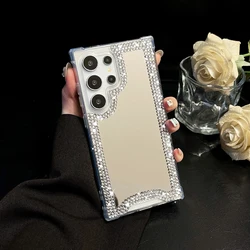 Makeup Mirror Soft TPU Frame Shockproof Phone Cover For Samsung S25 S24 S23 S22 S21 Ultra S24FE Bling Rhinestone Edge Case
