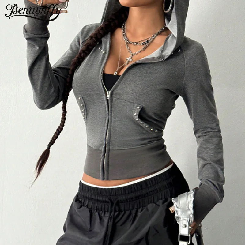 Benuynffy, однотонные укороченные толстовки на молнии в американском стиле ретро, женская весна-осень 2029, модная одинаковая толстовка с капюшоном и длинными рукавами Y2K