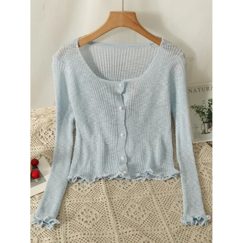 

Gentle style ruffled long-sleeve sun-protective knitted cardigan ,thin outerwear for air-conditioned rooms,short jacket