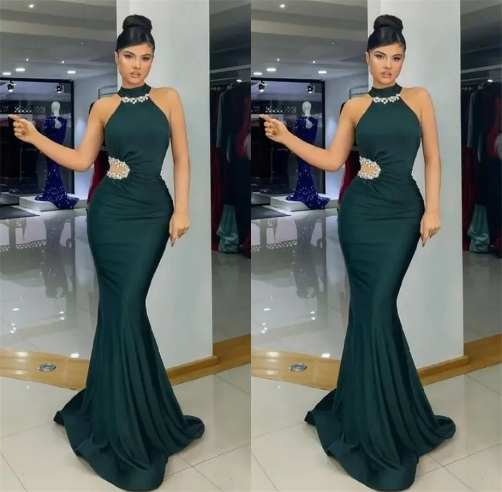 Sexy Designer Evening Dresses Mermaid Beading High Neck Cutaway Side Dark Green Formal Women Prom Gowns Night Party Outfits 2024