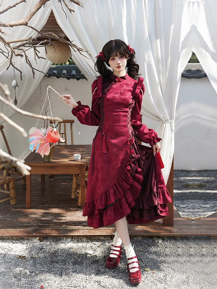 Chinese Style New Velvet Ruffled Fishtail Skirt Cheongsam Dress