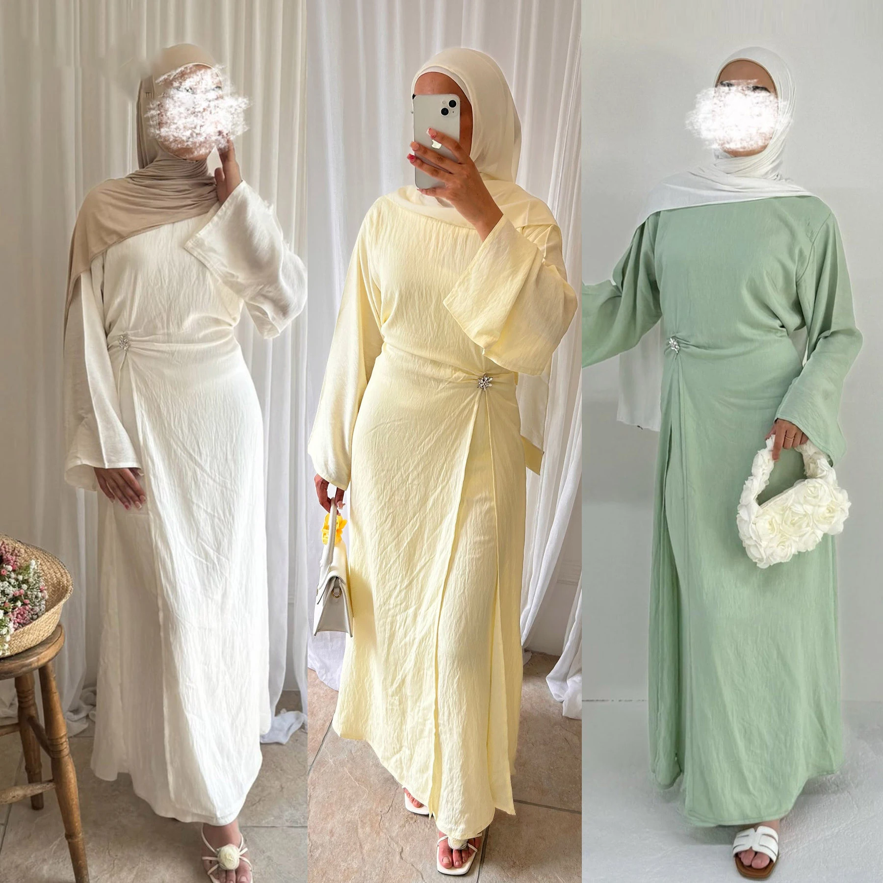 

Muslim Solid Round Neck Maxi Dress Women Elegant Full Sleeves Soft Crepe Closed Abaya High Waist Summer Dress