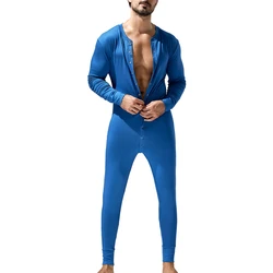 Mens Jumpsuit Solid One-piece Pajamas Lounge Homewear Long Sleeve Comfortable Male Sleepwear Button-up Leisure Rompers Nightwear