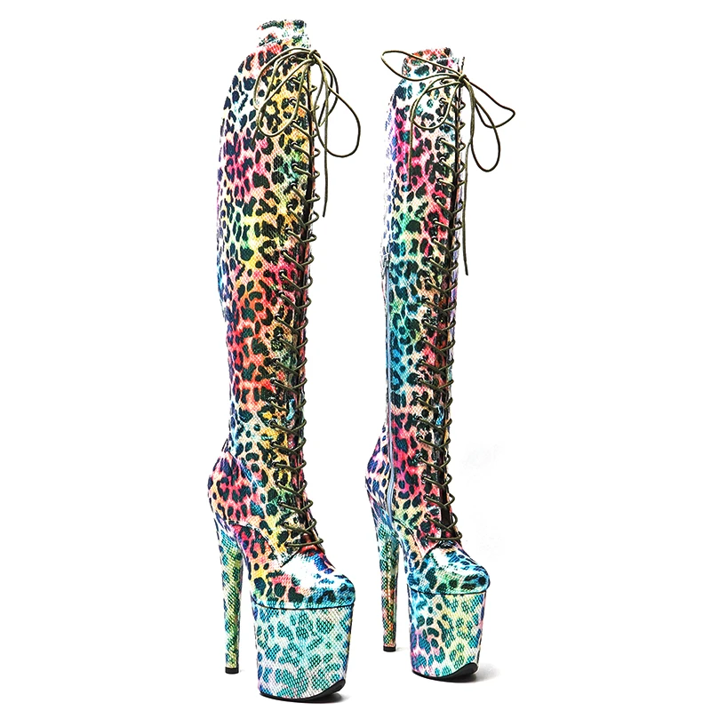 Leecabe 20CM/8Inch Shinny Leopard  colorful   Women's Platform   party High Heels Shoes Pole Dancing boot