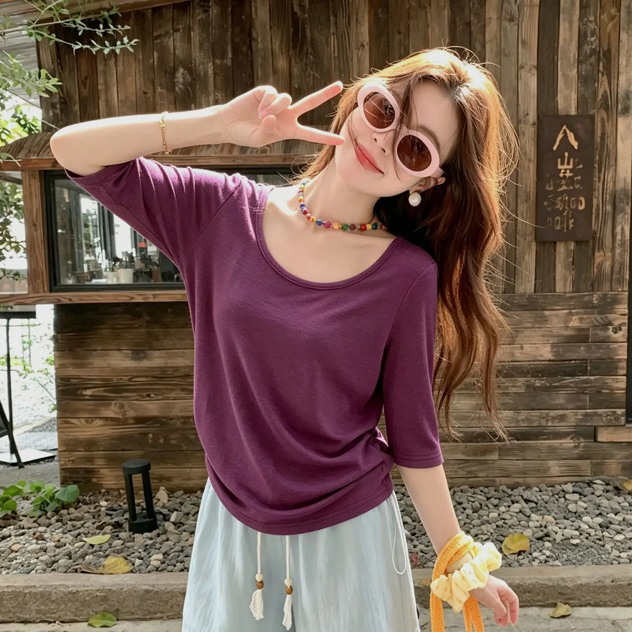 Women's Pure Color Large round Neck Camisole under Shirt Summer mid Sleeve Skin-friendly Lyocell Short Sleeve T-shirt