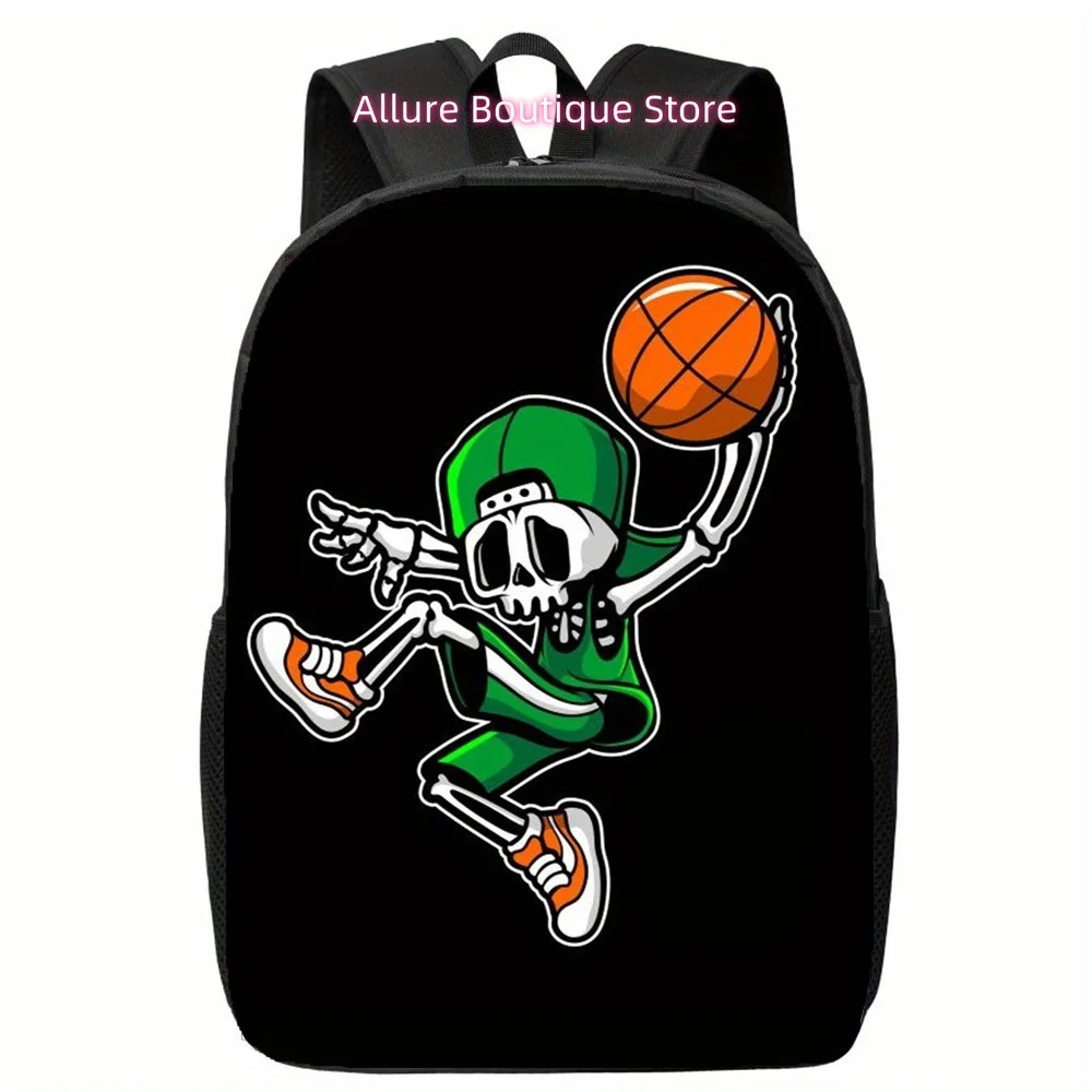 Everyday Backpack, Computer Bag, Black Travel Luggage, Shoulder Strap, Sporty Design, Skeleton playing basketball pattern