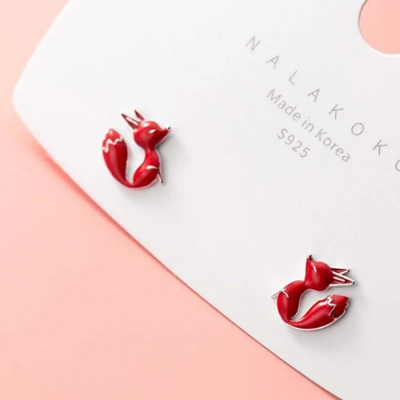 Buyee 925 Sterling Silver Red Stud Earring Cute Fox Simple Sweet Earring for Woman Young Girl Fashion Fine Jewelry Earrings Gift