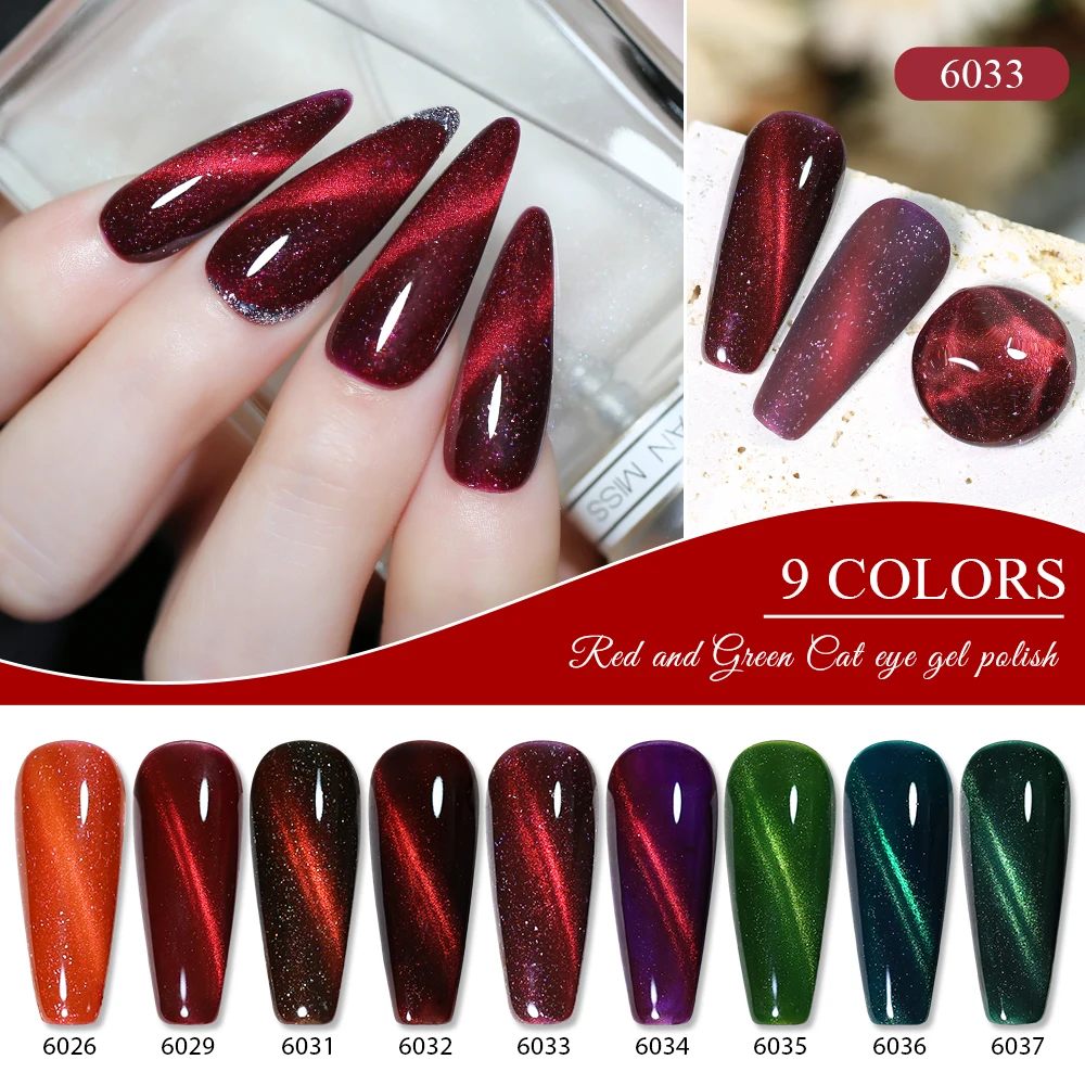 Arte Clavo 10ml Mirror Red Crystal Cat Eye Gel Nail Polish Autumn Red Gel Polish Shiny Whitening Red Green Nails Autumn Nails