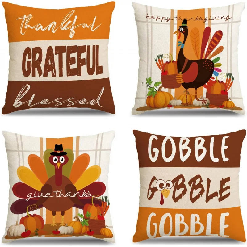 Thanksgiving pillowcase 18x18, set of 4 autumn pillowcases, turkey pumpkin orange farmhouse home decorationsofa