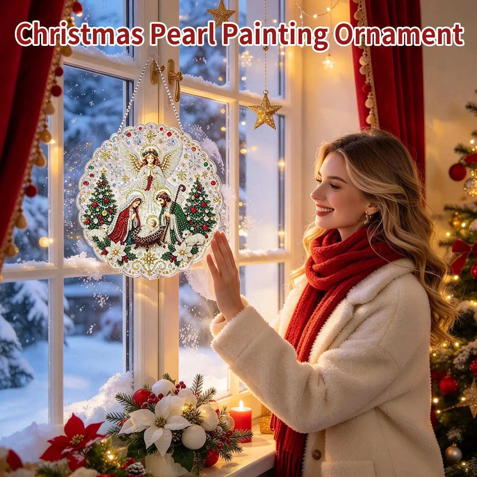 Christmas Pearl Art Ornaments Rhinestones Nativity Scene Decor Christmas Pearl Painting For Trees Window Holiday Crafts