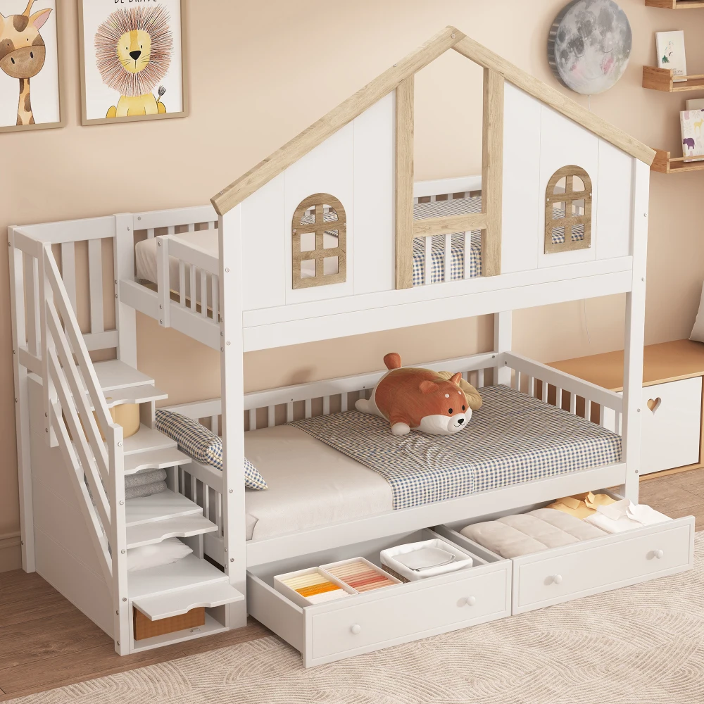 Letto a castello per bambini, dimensioni 90 x 200 cm, con scala a ripiani e vano contenitore, colore bianco e finiture naturali, letto a castello matrimoniale con design a finestra, ampi cassetti e
