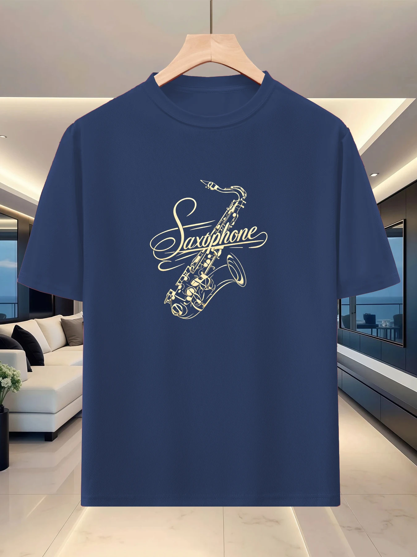 Light and lazy texture men's off shoulder half sleeved spring and summer hiking trend art print loose round neck top