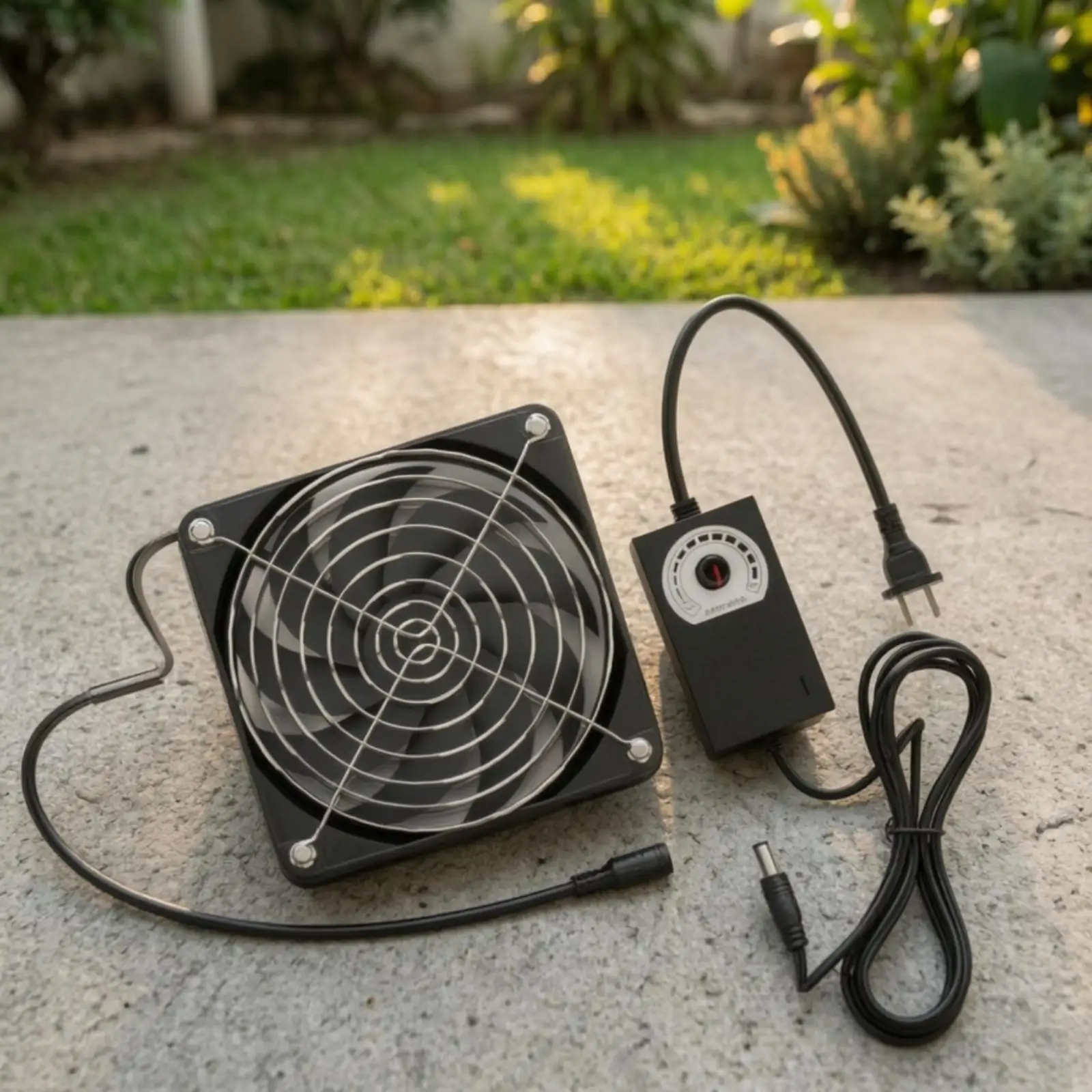 12V Adjustable Speed Fan with Metal Grille for Home Entertainment Setup Cooling Power Adapter Included