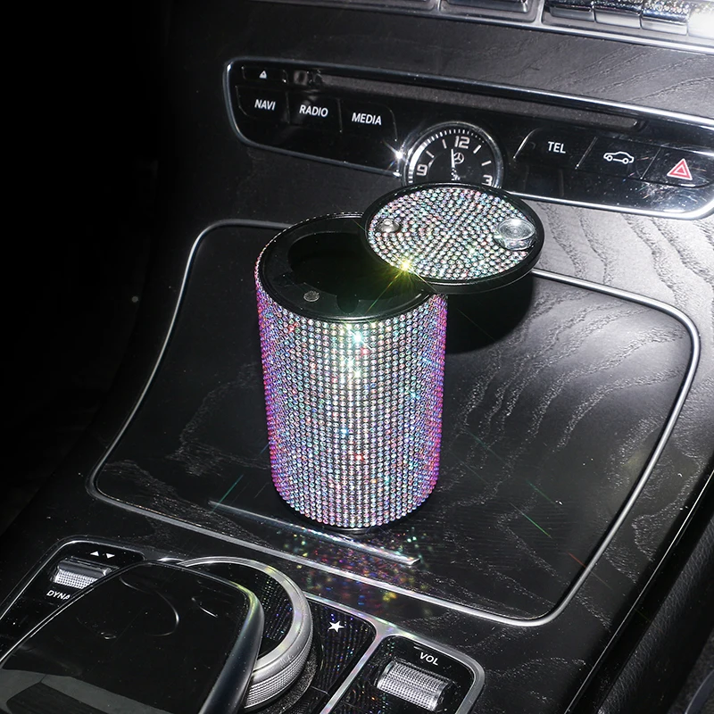 Diamond Car Ashtray Universal Crystal Rhinestone Ash Tray Auto Interior Decor Cigarette Holder Car Accessories for Girls Women