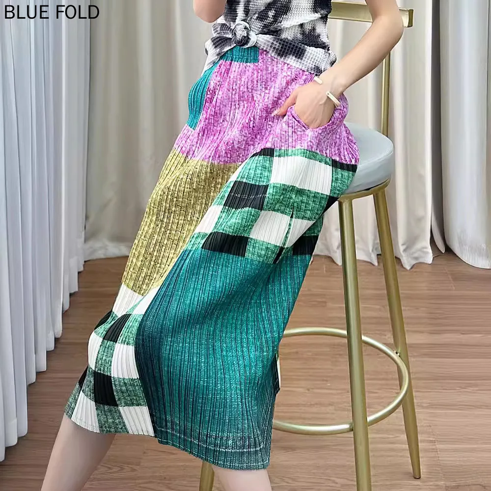 Miyake Summer Design High-end Color Matching Plaid Skirt Women's High Waist Temperament Commuter Skirt Faldas Ropa De Mujer