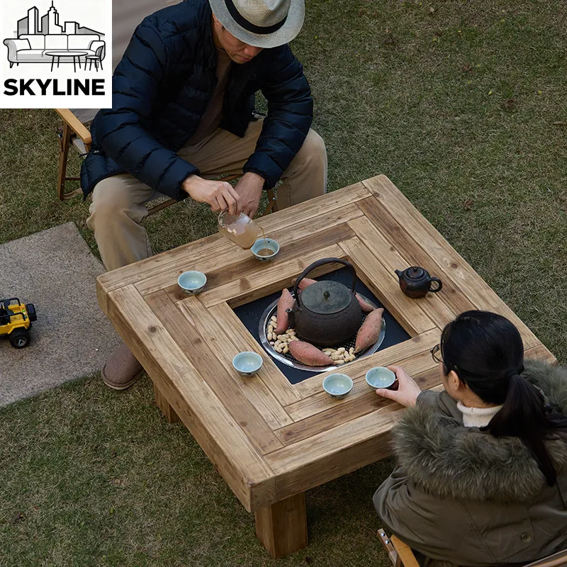 Solid wood outdoor fireplace brewing tea balcony tea table square heating table roasting fire household coffee table