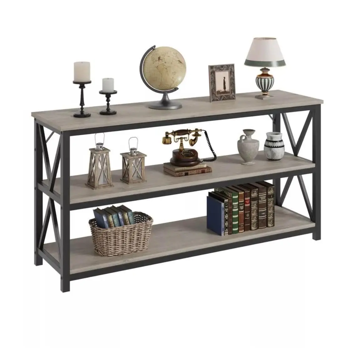 55 Inch Console Table 3-Tier Wood Storage Shelf Industrial Rustic TV Stand Farmhouse Side Table Living Room Grey, Customized