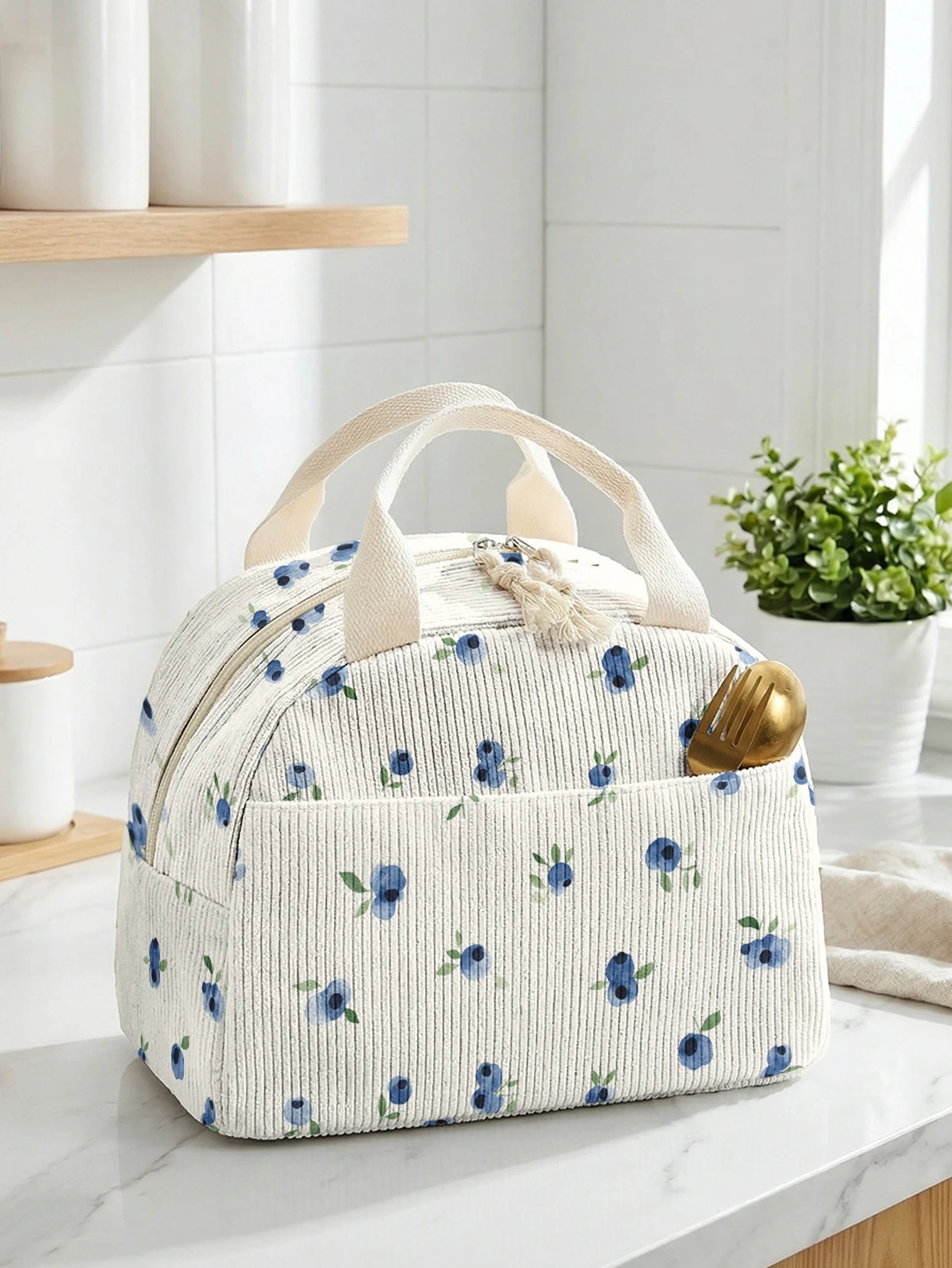 Mini Blueberry Pattern Insulated Lunch Bag Corduroy Portable Hand Food Storage Tote For School Outdoor Travel