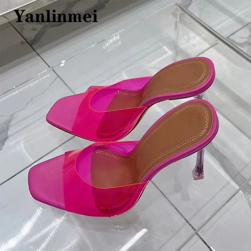 

Summer High Heels Slippers Women Candy Color PVC Slides Square Peep Toe Mules Party Shoes Sexy Thin Heels Runway Sandals Woman