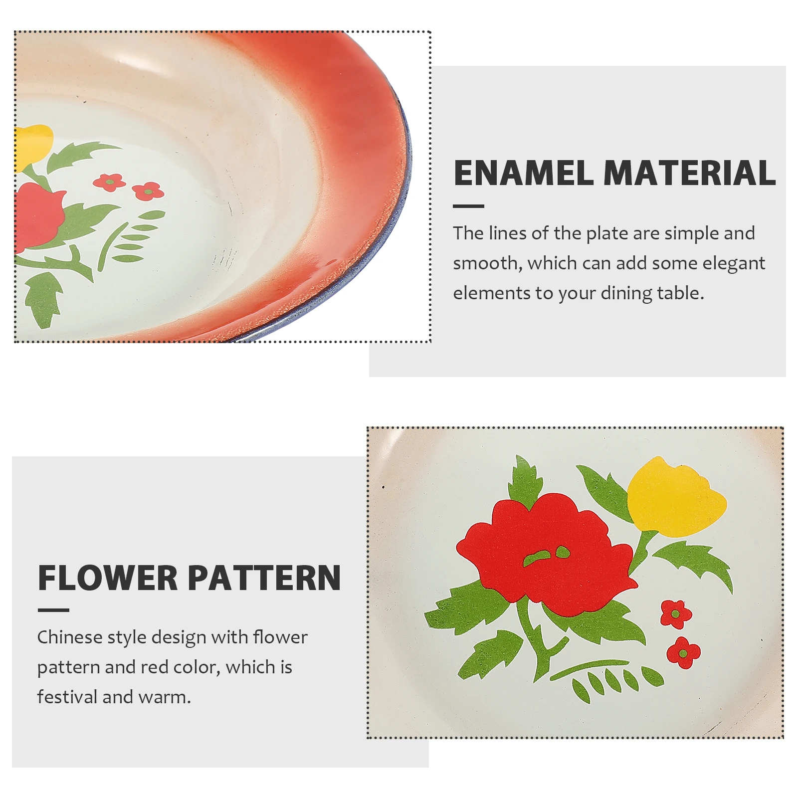 

Enamel Plate Vintage Style Chinese Red Flower Design Food Serving Dish Round Snacks Plates for Fruit Dessert Cake Picnic