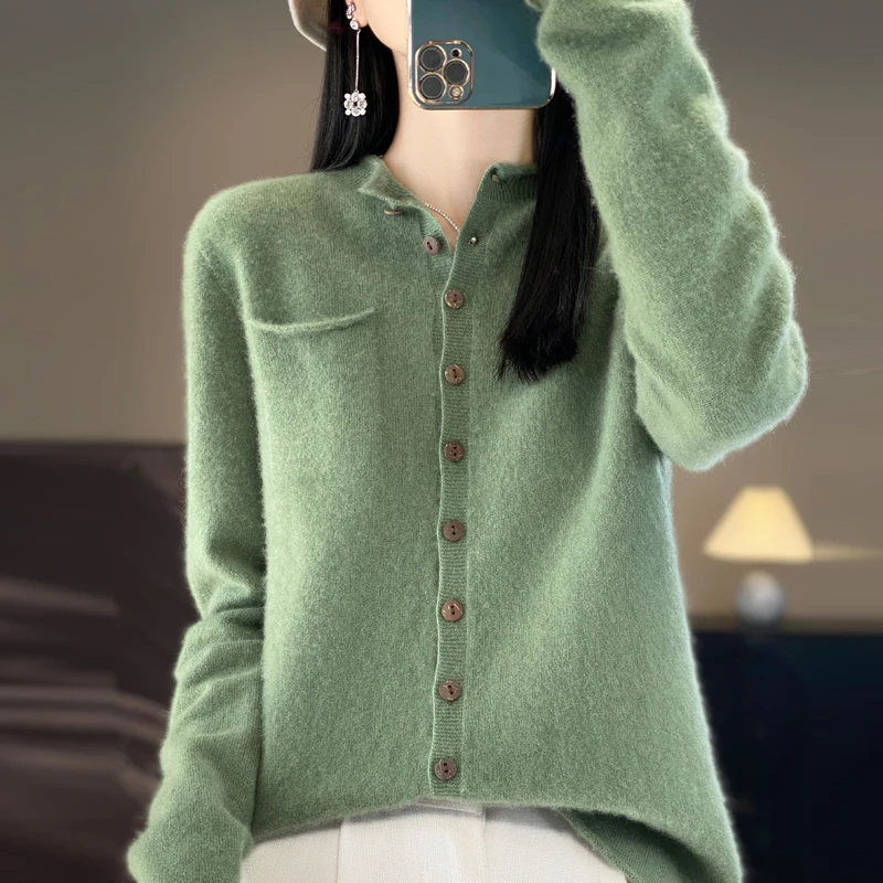 Autumn Winter 100% Merino Wool Shirt Sweater Women Curled Round Neck Knitted Cardigan Female Multi Buckle Casual Warm Soft Top