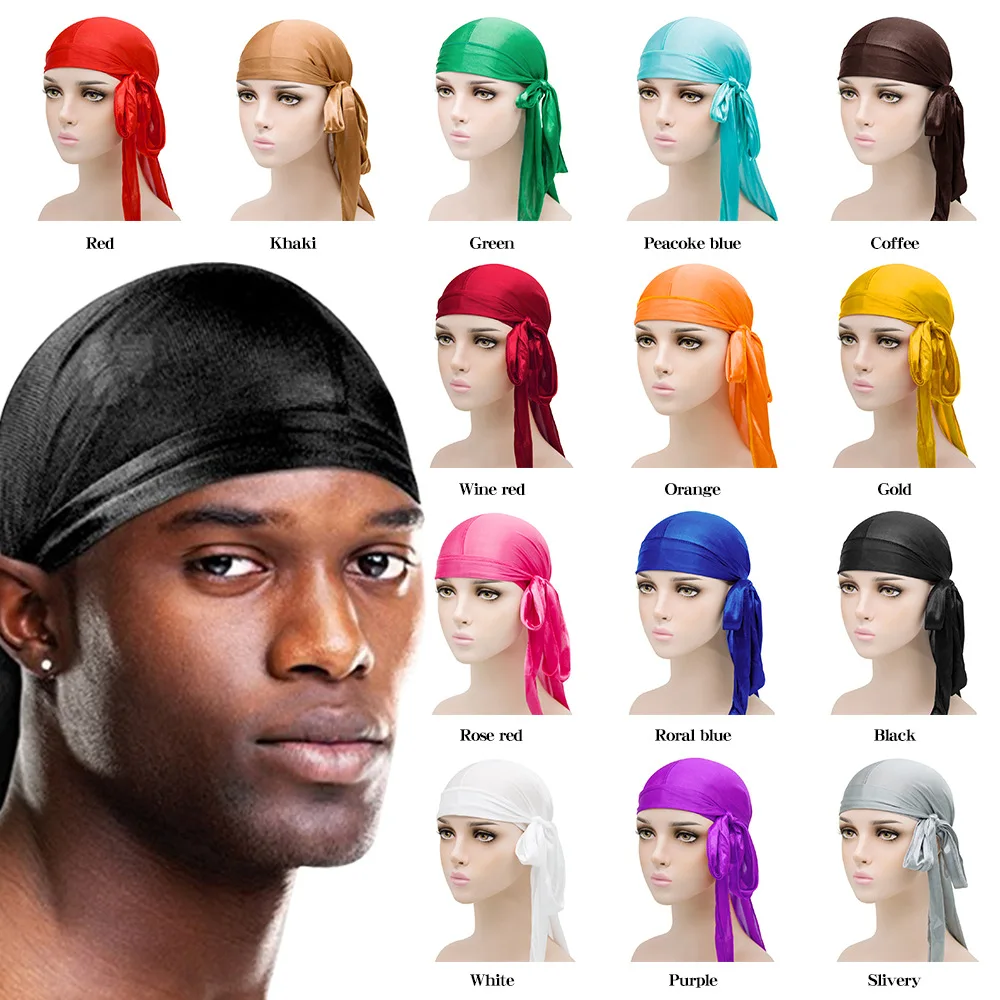Solid Color Silk Satin Durag Headwear Soft Long Tails Headbands Turban Waves Cap Headwrap Hats Beanie For Men Hair Accessories