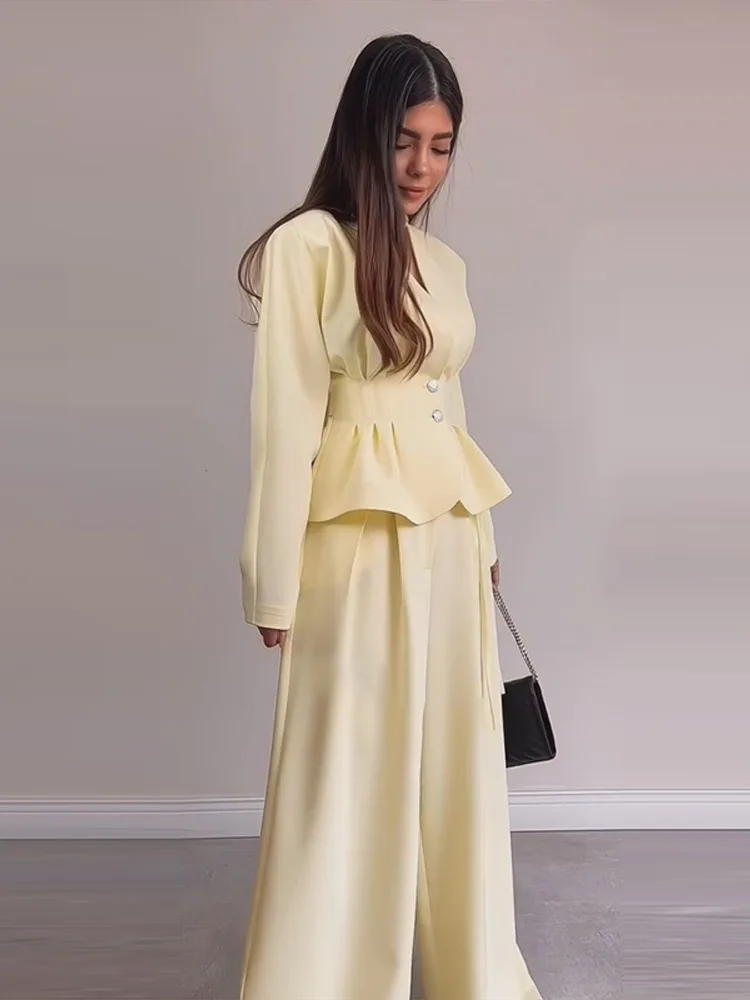 Elegant Pleated Women's Top Trouser Suit Long Sleeve Waist-Closed Button Tops Wide Leg Pants Set 2026 Autumn Female Outfits New