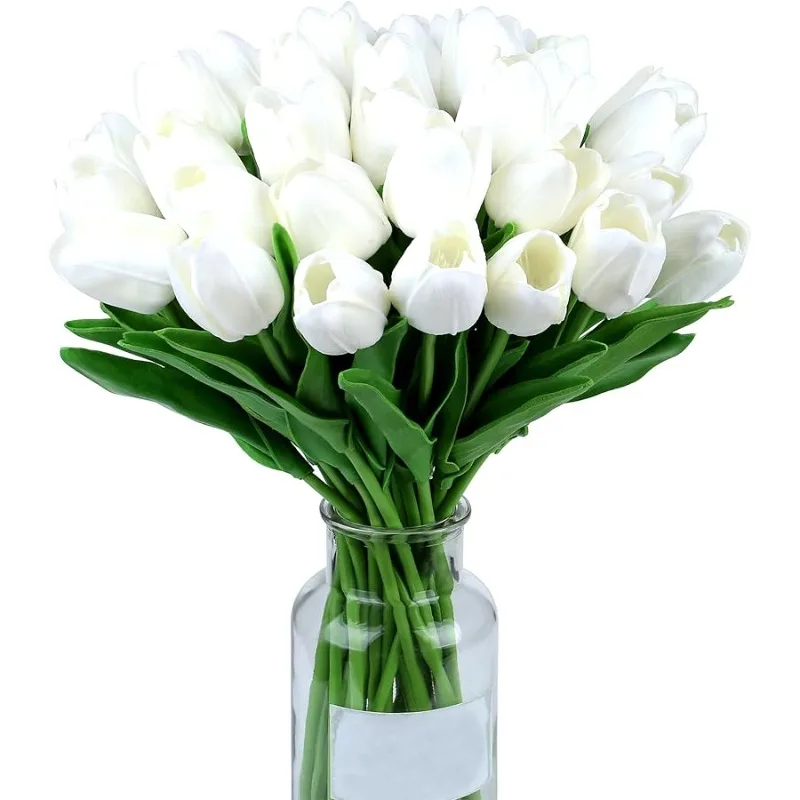 

15pcs White Flowers Artificial Tulips Fake Silk Flowers 14" in Bulk Home Kitchen Easter Wedding Decor Spring Easter Bouquet Deco